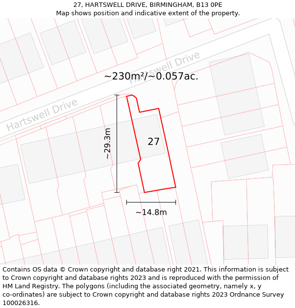 27, HARTSWELL DRIVE, BIRMINGHAM, B13 0PE: Plot and title map