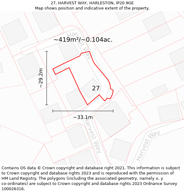 27, HARVEST WAY, HARLESTON, IP20 9GE: Plot and title map