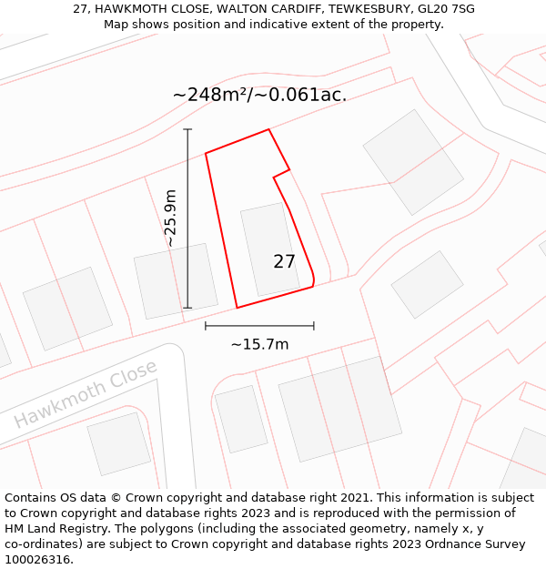 27, HAWKMOTH CLOSE, WALTON CARDIFF, TEWKESBURY, GL20 7SG: Plot and title map