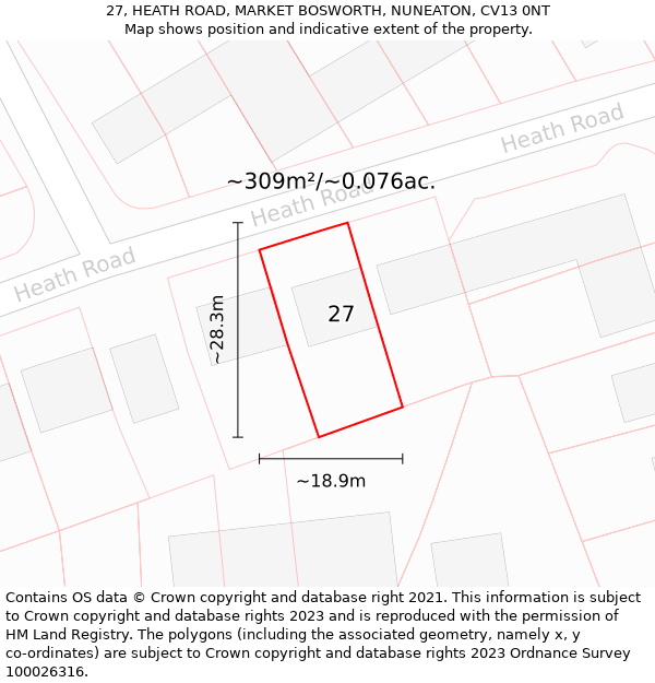 27, HEATH ROAD, MARKET BOSWORTH, NUNEATON, CV13 0NT: Plot and title map