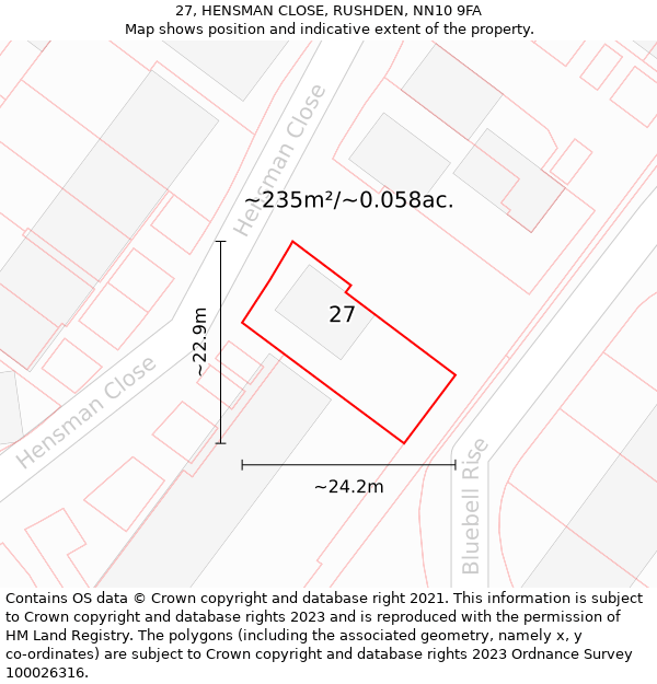 27, HENSMAN CLOSE, RUSHDEN, NN10 9FA: Plot and title map