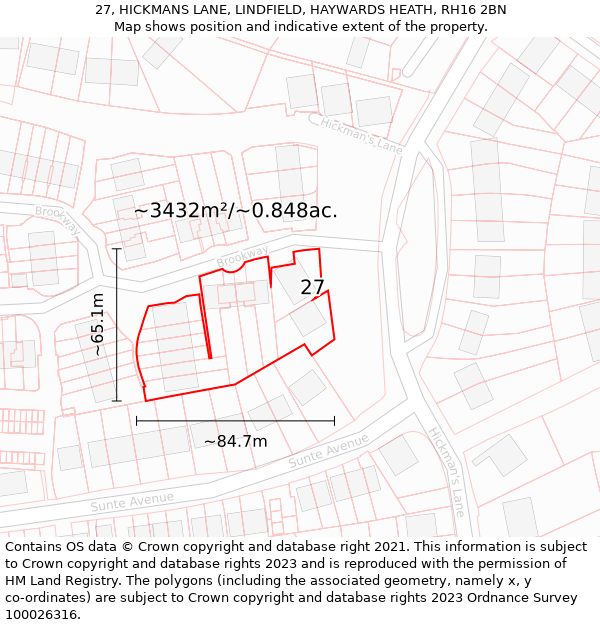 27, HICKMANS LANE, LINDFIELD, HAYWARDS HEATH, RH16 2BN: Plot and title map