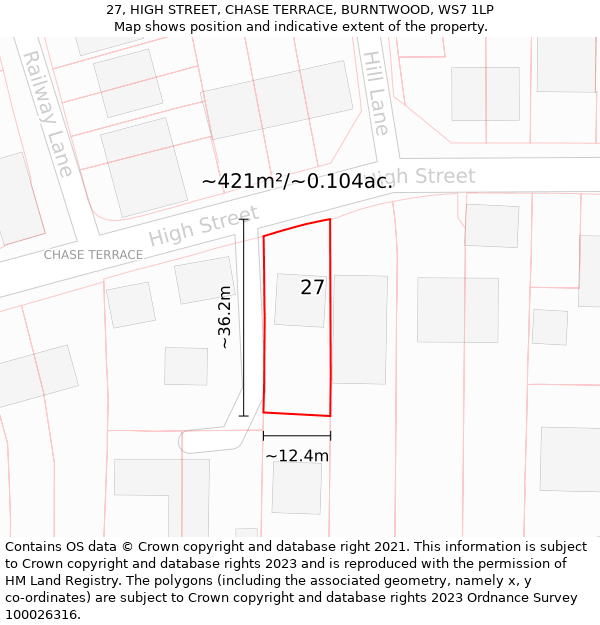 27, HIGH STREET, CHASE TERRACE, BURNTWOOD, WS7 1LP: Plot and title map