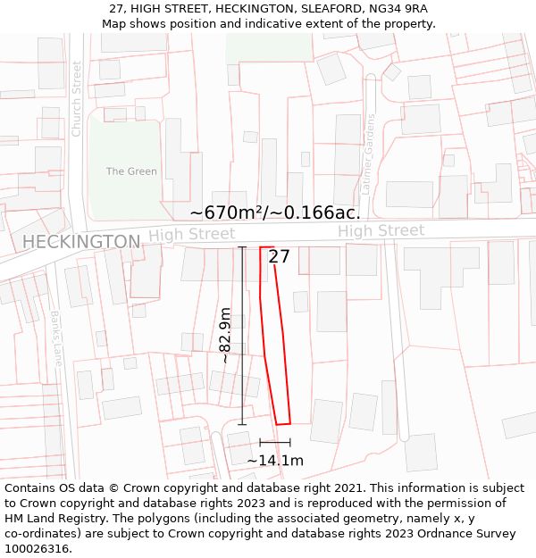 27, HIGH STREET, HECKINGTON, SLEAFORD, NG34 9RA: Plot and title map