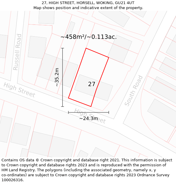 27, HIGH STREET, HORSELL, WOKING, GU21 4UT: Plot and title map