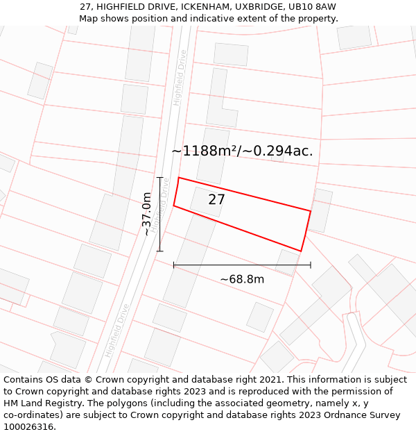 27, HIGHFIELD DRIVE, ICKENHAM, UXBRIDGE, UB10 8AW: Plot and title map