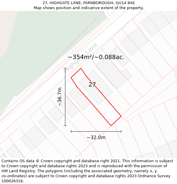 27, HIGHGATE LANE, FARNBOROUGH, GU14 8AE: Plot and title map