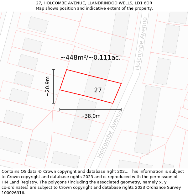 27, HOLCOMBE AVENUE, LLANDRINDOD WELLS, LD1 6DR: Plot and title map