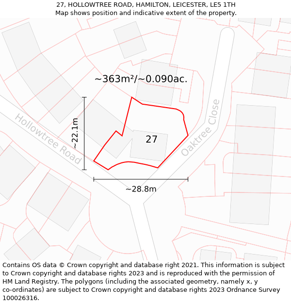 27, HOLLOWTREE ROAD, HAMILTON, LEICESTER, LE5 1TH: Plot and title map