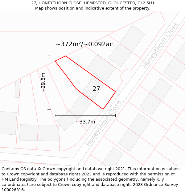 27, HONEYTHORN CLOSE, HEMPSTED, GLOUCESTER, GL2 5LU: Plot and title map