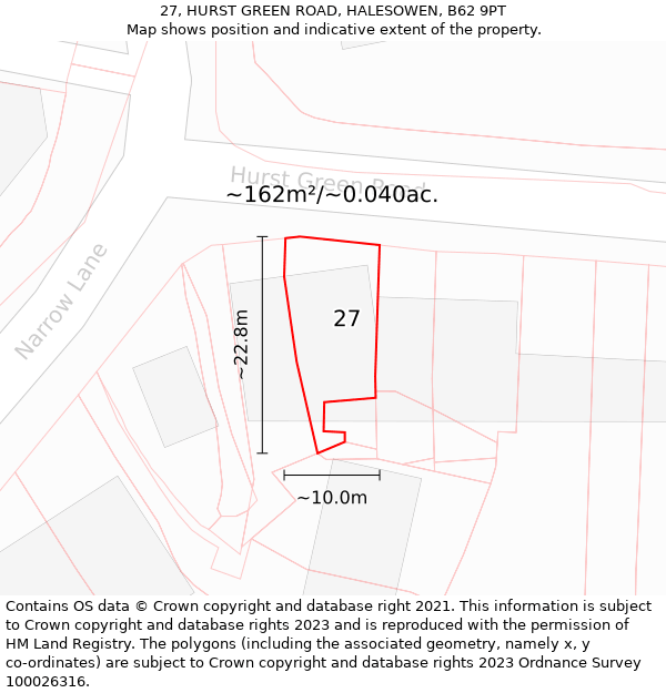 27, HURST GREEN ROAD, HALESOWEN, B62 9PT: Plot and title map