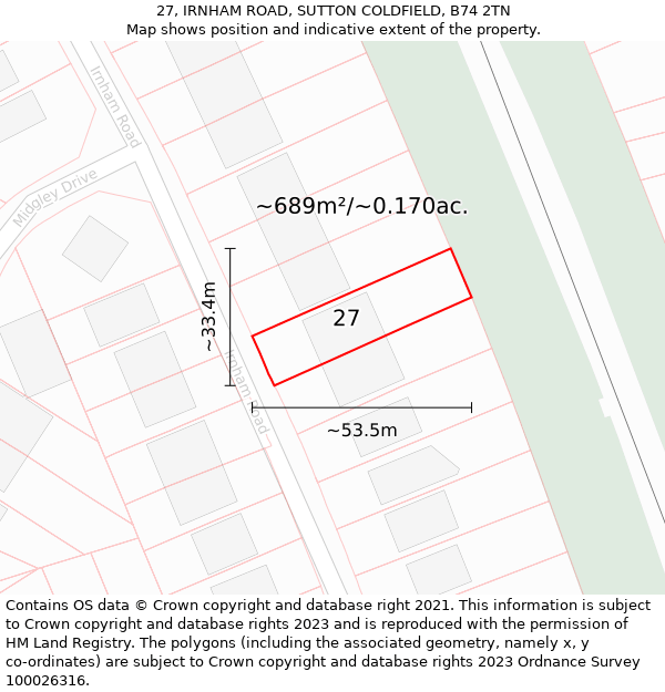 27, IRNHAM ROAD, SUTTON COLDFIELD, B74 2TN: Plot and title map