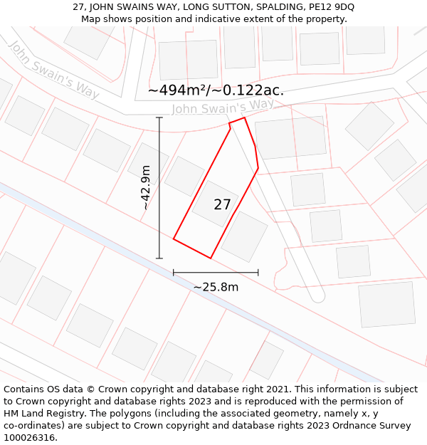 27, JOHN SWAINS WAY, LONG SUTTON, SPALDING, PE12 9DQ: Plot and title map