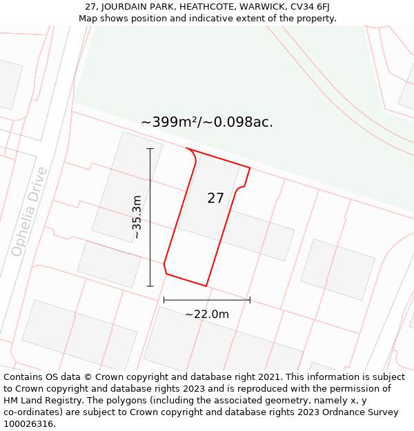 27, JOURDAIN PARK, HEATHCOTE, WARWICK, CV34 6FJ: Plot and title map