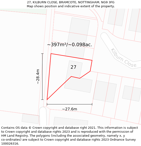 27, KILBURN CLOSE, BRAMCOTE, NOTTINGHAM, NG9 3FG: Plot and title map