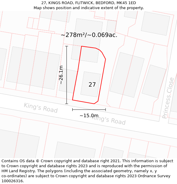 27, KINGS ROAD, FLITWICK, BEDFORD, MK45 1ED: Plot and title map