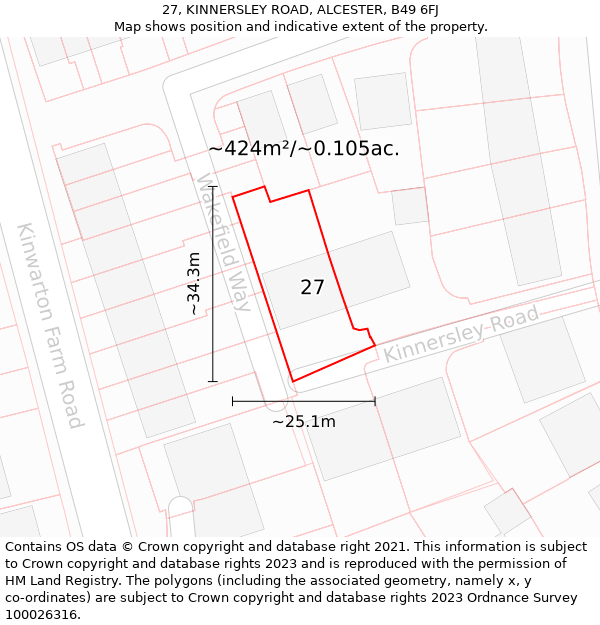 27, KINNERSLEY ROAD, ALCESTER, B49 6FJ: Plot and title map