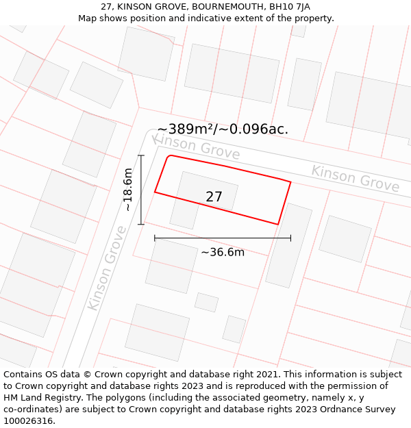 27, KINSON GROVE, BOURNEMOUTH, BH10 7JA: Plot and title map