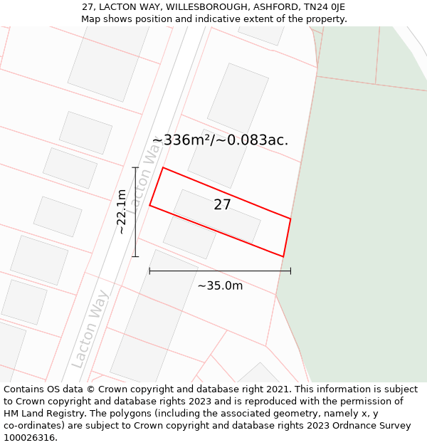 27, LACTON WAY, WILLESBOROUGH, ASHFORD, TN24 0JE: Plot and title map