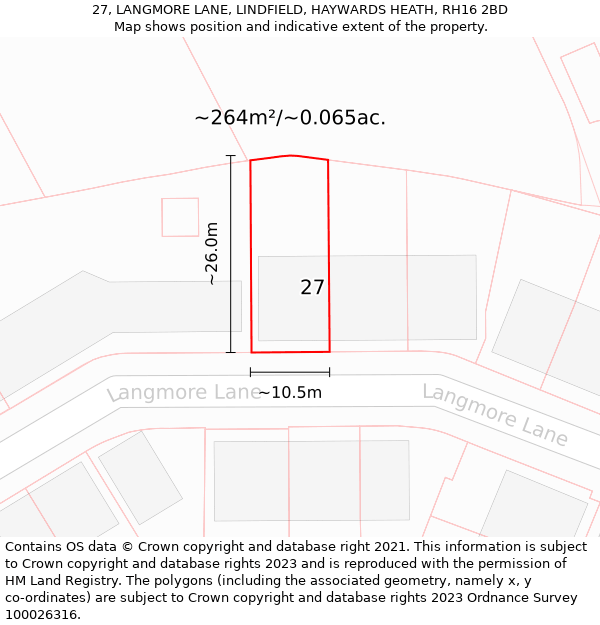 27, LANGMORE LANE, LINDFIELD, HAYWARDS HEATH, RH16 2BD: Plot and title map