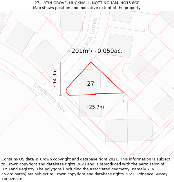 27, LATIN GROVE, HUCKNALL, NOTTINGHAM, NG15 8GP: Plot and title map