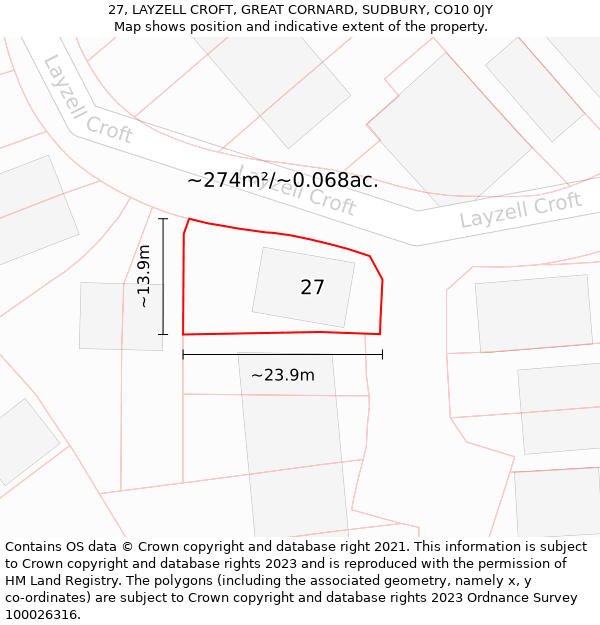 27, LAYZELL CROFT, GREAT CORNARD, SUDBURY, CO10 0JY: Plot and title map