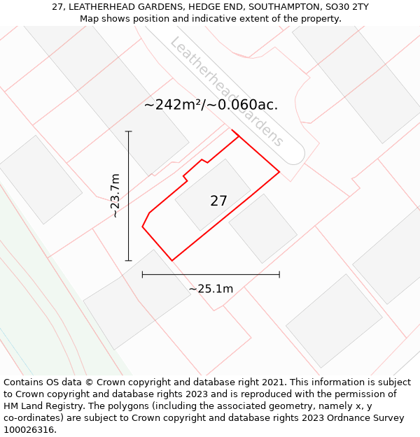 27, LEATHERHEAD GARDENS, HEDGE END, SOUTHAMPTON, SO30 2TY: Plot and title map