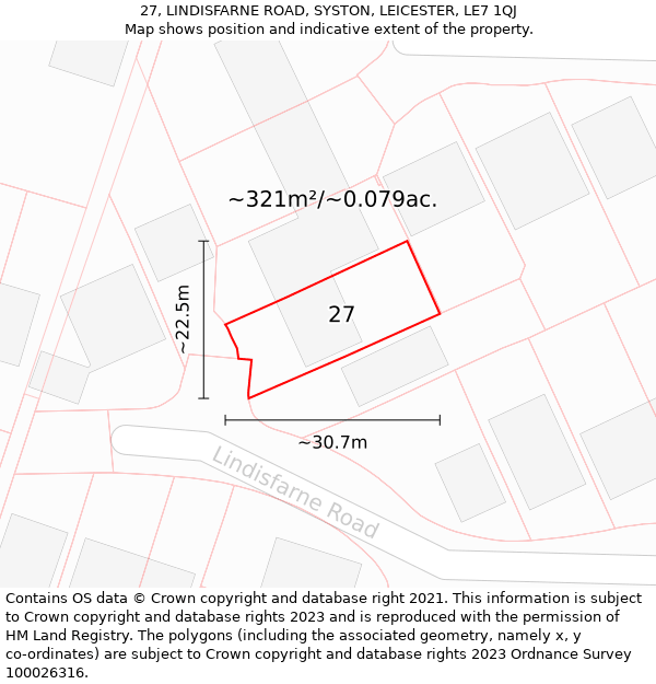 27, LINDISFARNE ROAD, SYSTON, LEICESTER, LE7 1QJ: Plot and title map