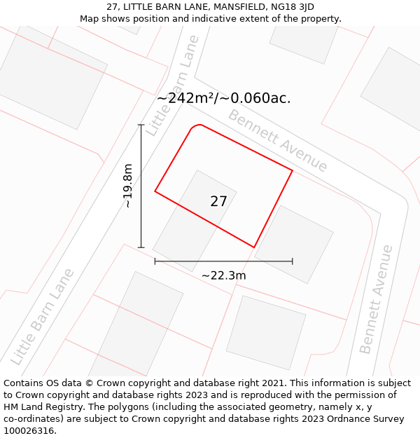 27, LITTLE BARN LANE, MANSFIELD, NG18 3JD: Plot and title map