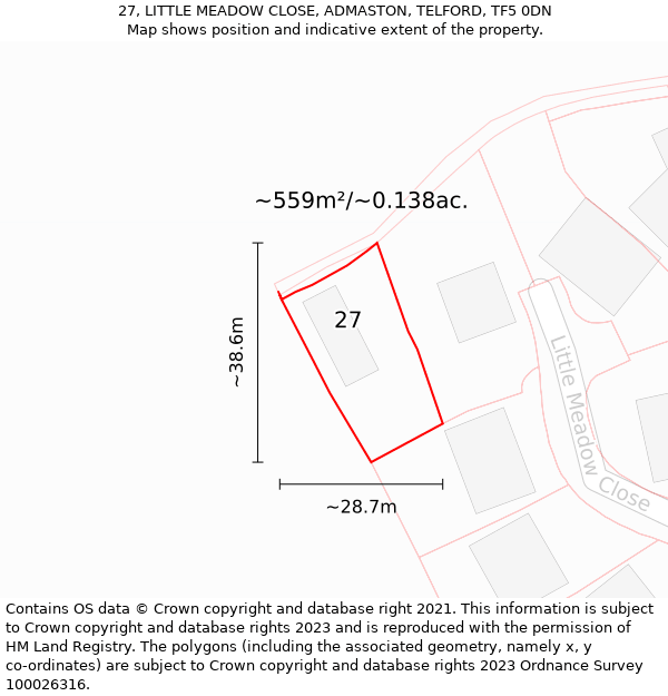 27, LITTLE MEADOW CLOSE, ADMASTON, TELFORD, TF5 0DN: Plot and title map