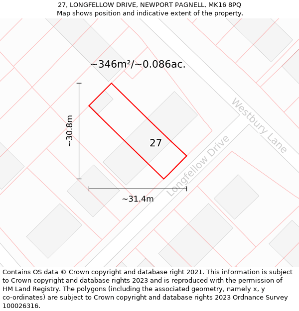 27, LONGFELLOW DRIVE, NEWPORT PAGNELL, MK16 8PQ: Plot and title map