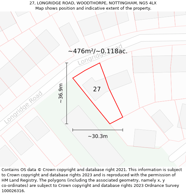 27, LONGRIDGE ROAD, WOODTHORPE, NOTTINGHAM, NG5 4LX: Plot and title map