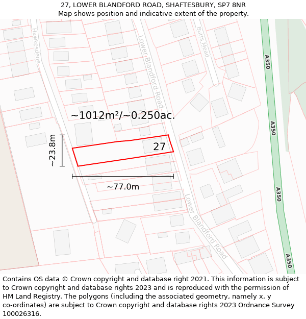 27, LOWER BLANDFORD ROAD, SHAFTESBURY, SP7 8NR: Plot and title map