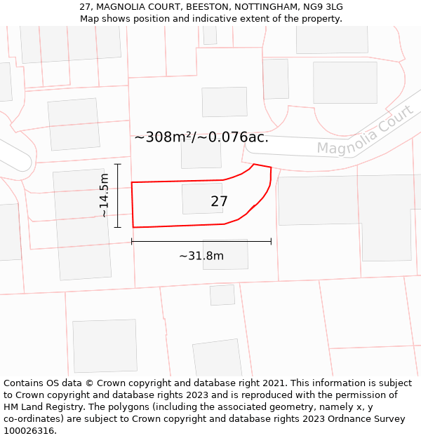 27, MAGNOLIA COURT, BEESTON, NOTTINGHAM, NG9 3LG: Plot and title map