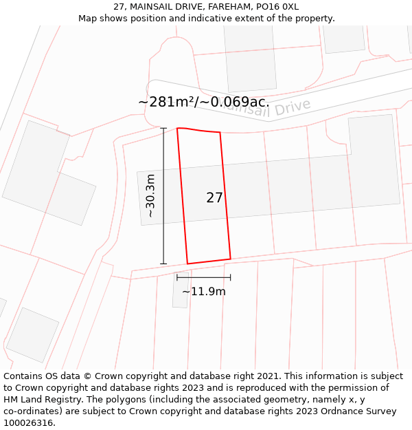 27, MAINSAIL DRIVE, FAREHAM, PO16 0XL: Plot and title map