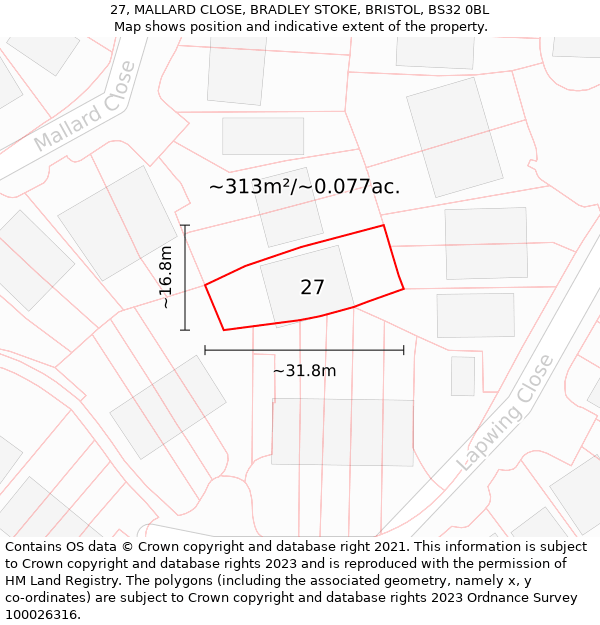 27, MALLARD CLOSE, BRADLEY STOKE, BRISTOL, BS32 0BL: Plot and title map
