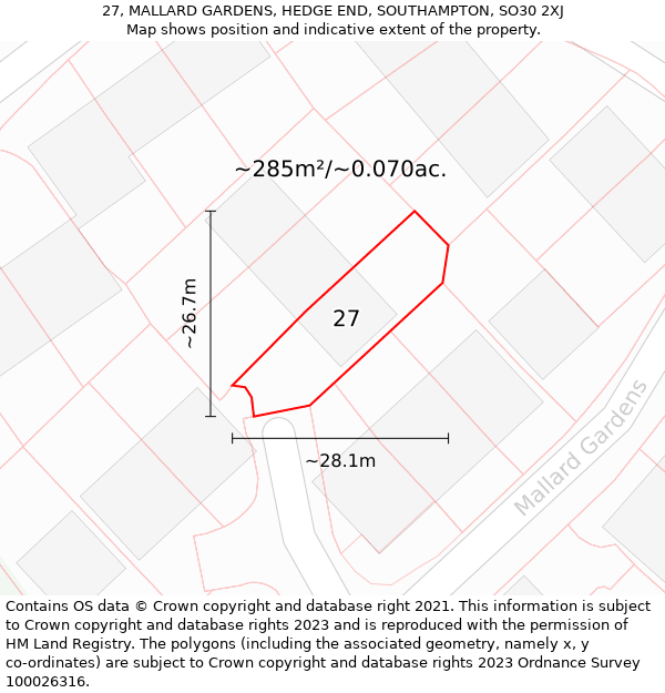 27, MALLARD GARDENS, HEDGE END, SOUTHAMPTON, SO30 2XJ: Plot and title map