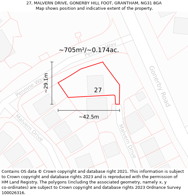 27, MALVERN DRIVE, GONERBY HILL FOOT, GRANTHAM, NG31 8GA: Plot and title map