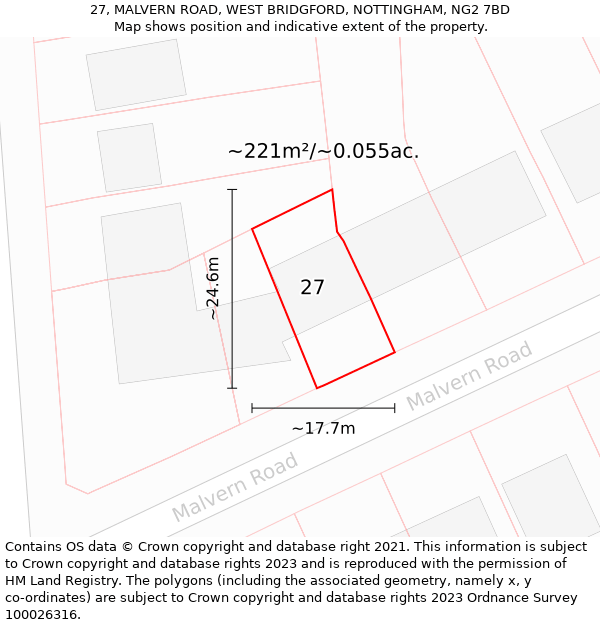 27, MALVERN ROAD, WEST BRIDGFORD, NOTTINGHAM, NG2 7BD: Plot and title map