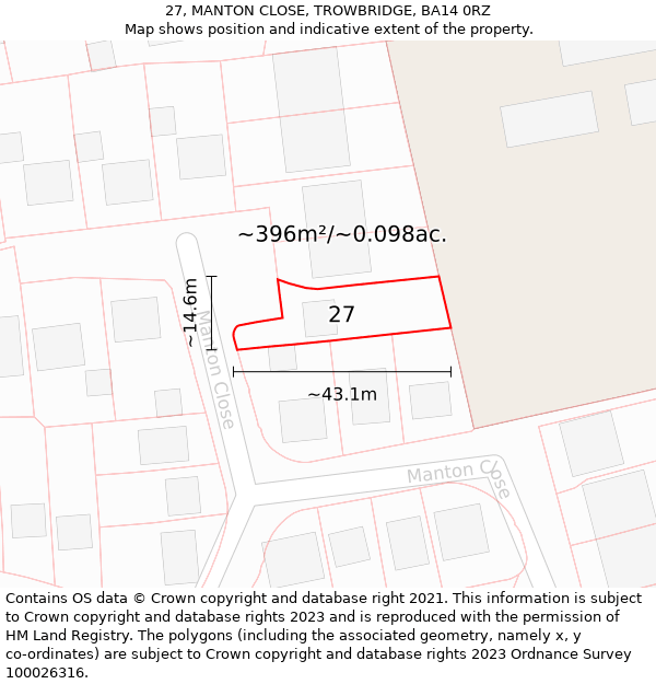 27, MANTON CLOSE, TROWBRIDGE, BA14 0RZ: Plot and title map