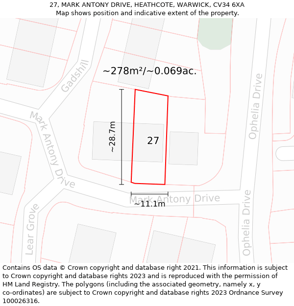 27, MARK ANTONY DRIVE, HEATHCOTE, WARWICK, CV34 6XA: Plot and title map