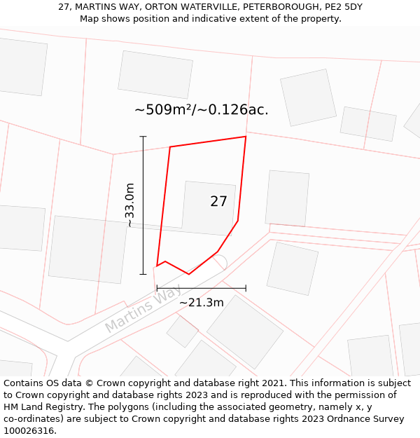 27, MARTINS WAY, ORTON WATERVILLE, PETERBOROUGH, PE2 5DY: Plot and title map