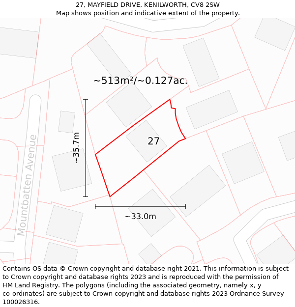 27, MAYFIELD DRIVE, KENILWORTH, CV8 2SW: Plot and title map