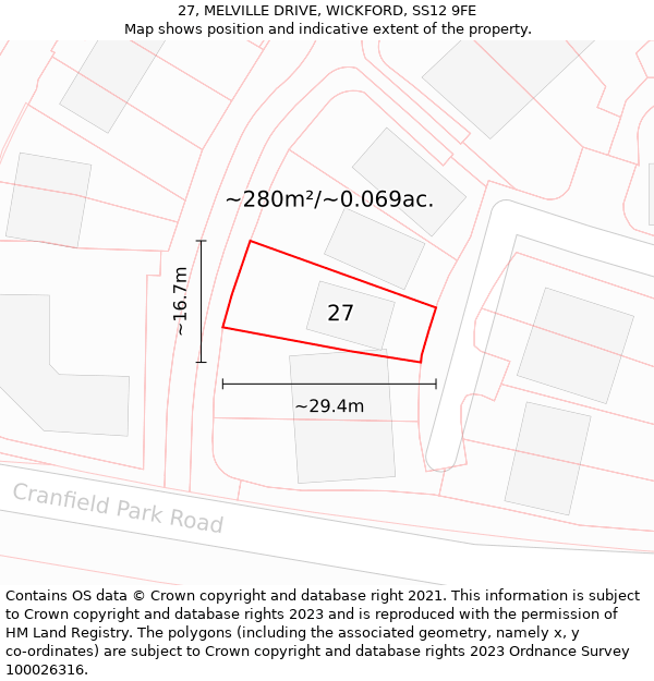 27, MELVILLE DRIVE, WICKFORD, SS12 9FE: Plot and title map