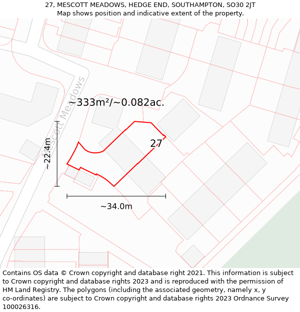 27, MESCOTT MEADOWS, HEDGE END, SOUTHAMPTON, SO30 2JT: Plot and title map
