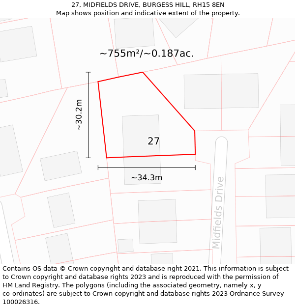 27, MIDFIELDS DRIVE, BURGESS HILL, RH15 8EN: Plot and title map