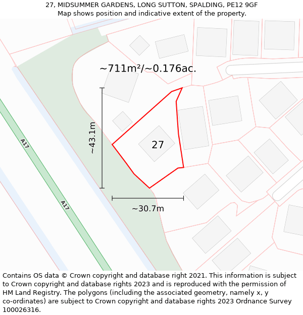 27, MIDSUMMER GARDENS, LONG SUTTON, SPALDING, PE12 9GF: Plot and title map