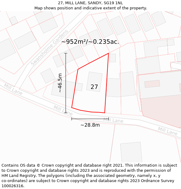 27, MILL LANE, SANDY, SG19 1NL: Plot and title map