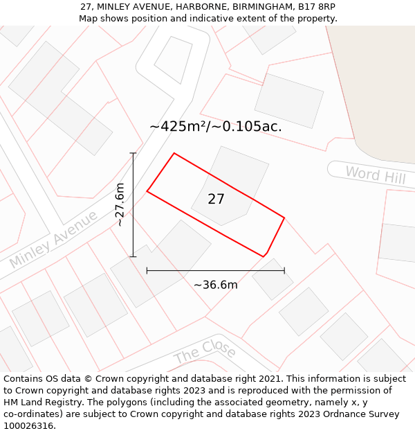 27, MINLEY AVENUE, HARBORNE, BIRMINGHAM, B17 8RP: Plot and title map