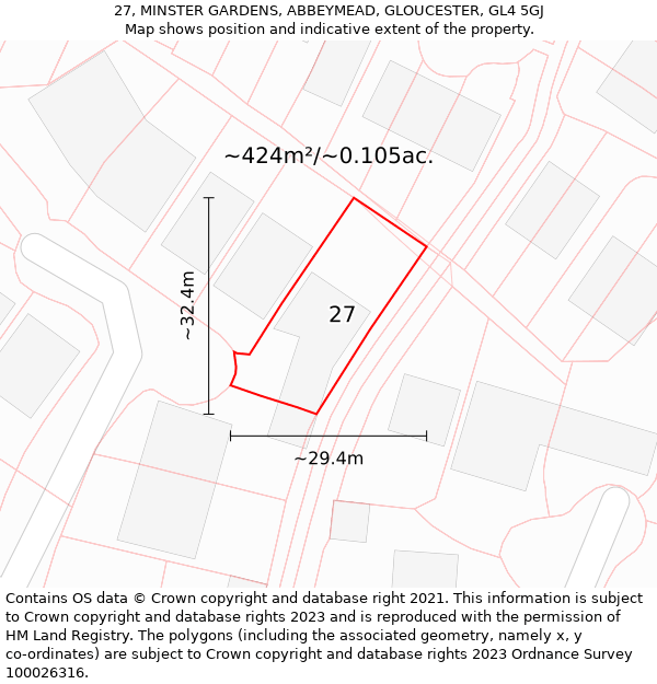 27, MINSTER GARDENS, ABBEYMEAD, GLOUCESTER, GL4 5GJ: Plot and title map